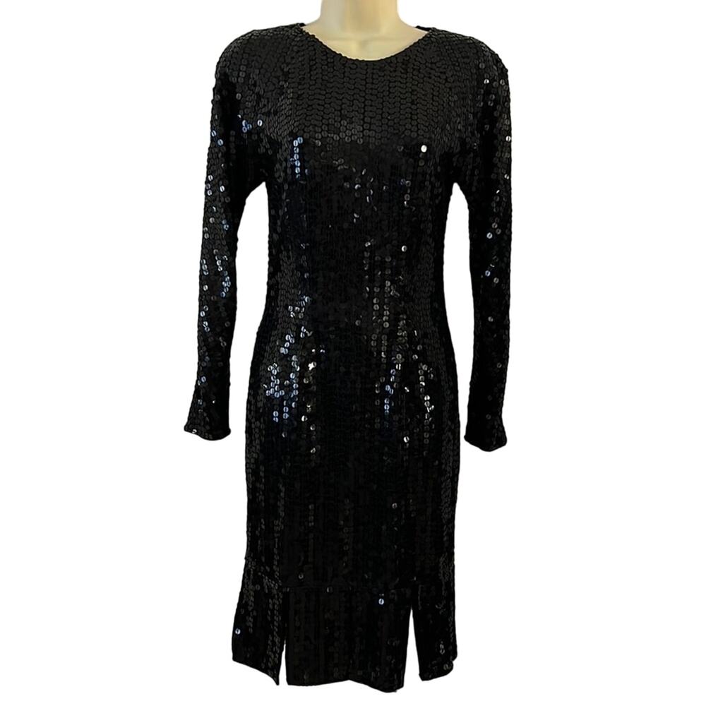 Maison Magique Vintage Black Sequin Dress Size Medium Flapper Art Deco Beaded